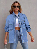 Pocketed Collared Neck Long Sleeve Denim Shirt - Trendsi