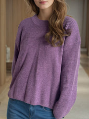 Solid Color Round Neck Long Sleeve Sweater - Trendsi