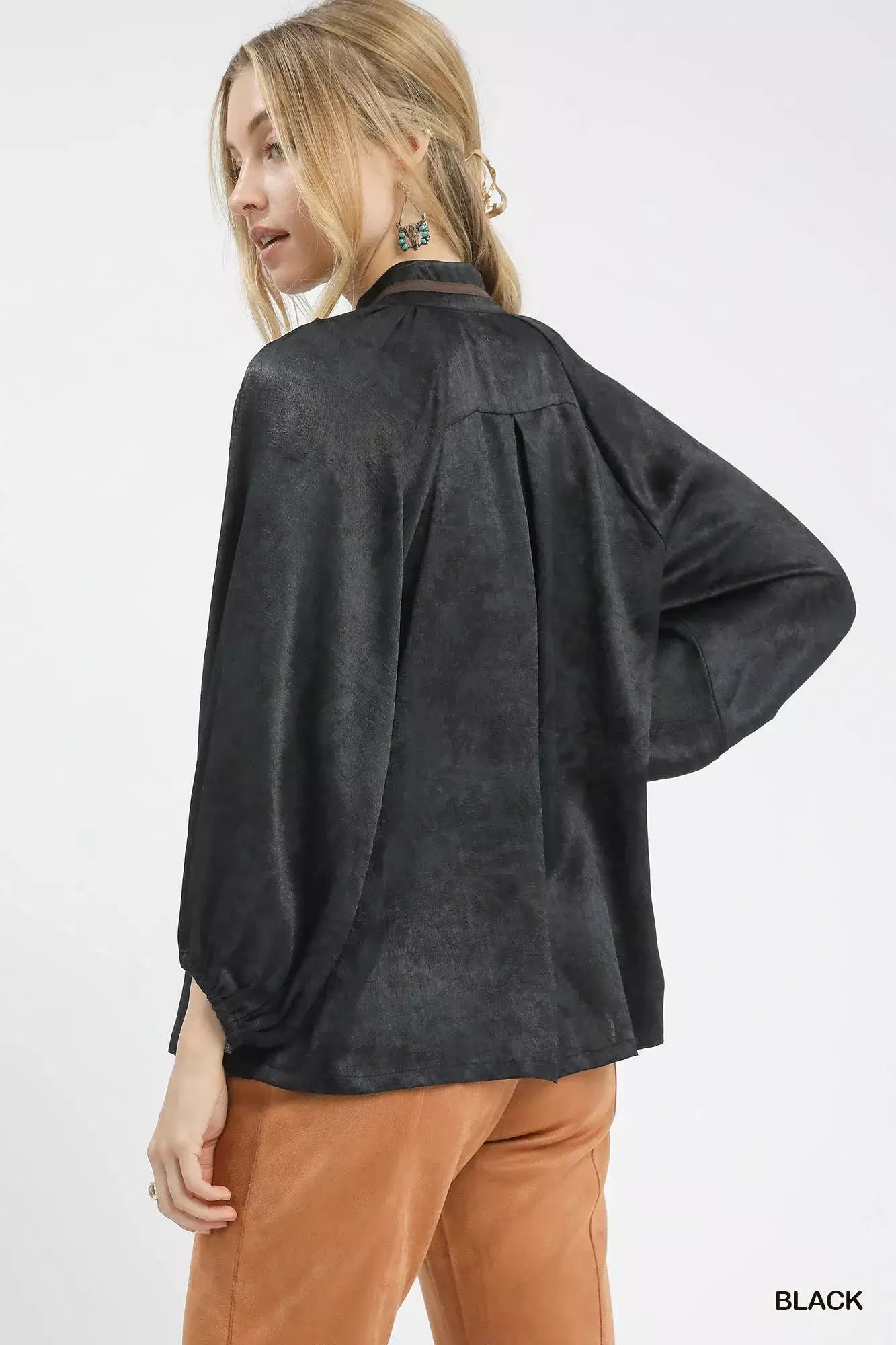 Umgee Crinkle Brocade Long Sleeve Blouse - Trendsi - Flyclothing LLC