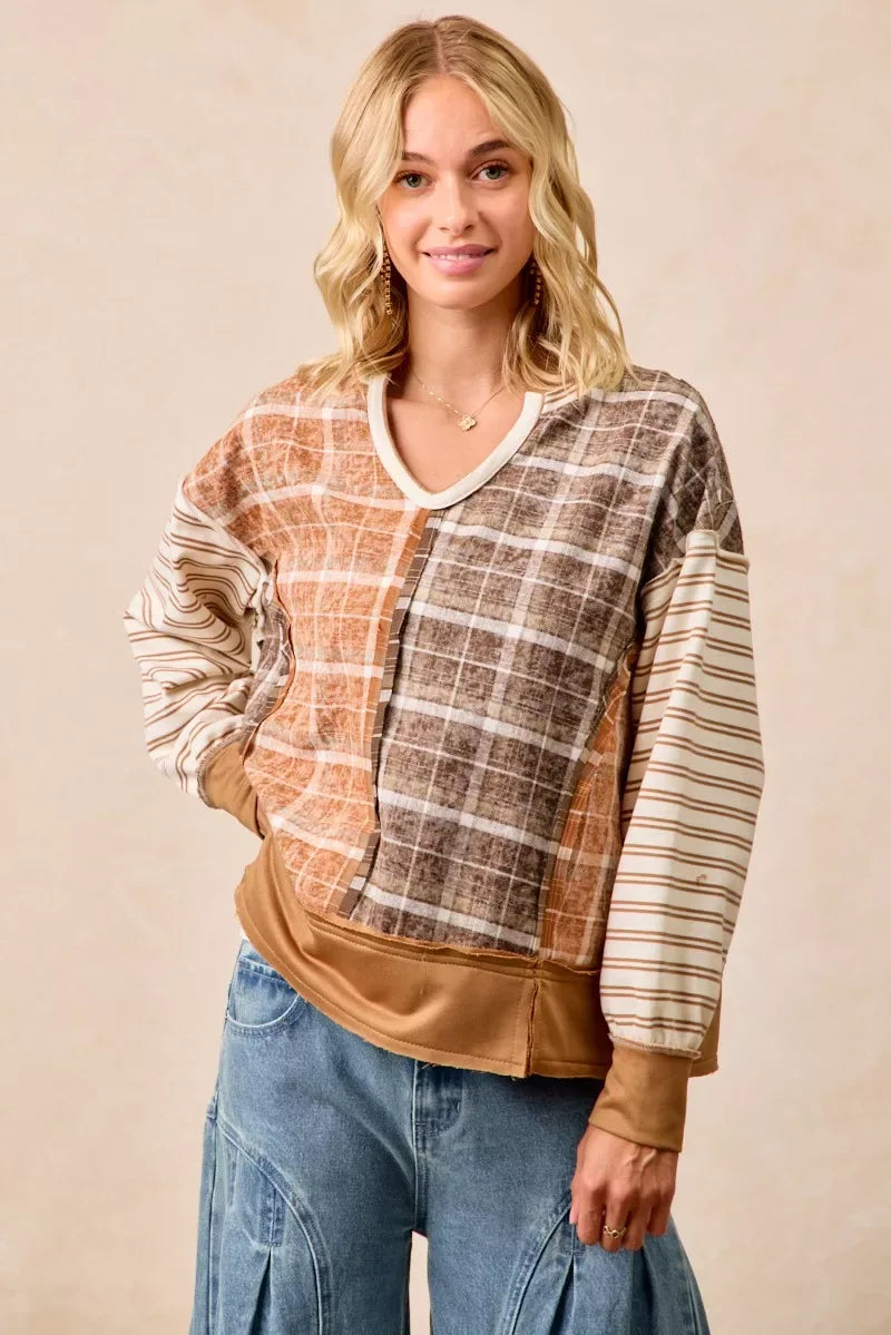 BiBi Plaid And Stripe Mix And Match Top With Open Seam - Trendsi - Flyclothing LLC