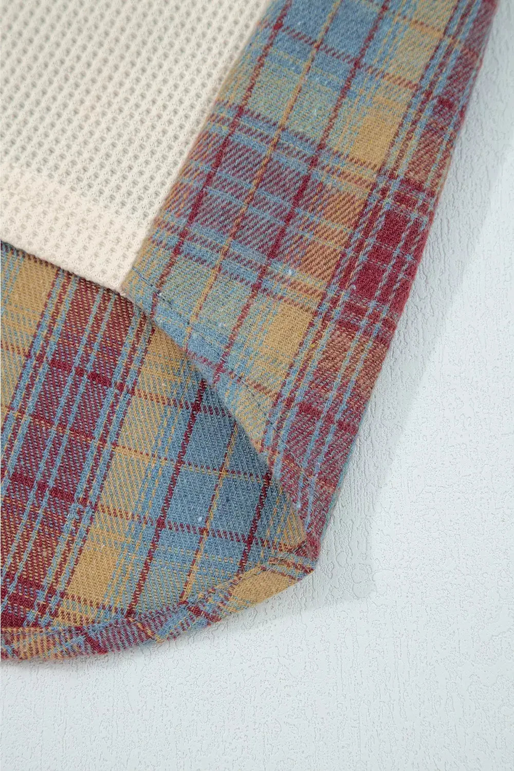 Waffle Knit Plaid Patchwork Long Sleeve Blouse - Trendsi - Flyclothing LLC