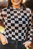Checkered Mock Neck Long Sleeve Top - Trendsi - Flyclothing LLC
