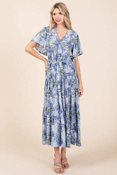 Mittoshop Floral Tie Waist Flutter Sleeve Tiered Dress - Trendsi - Flyclothing LLC