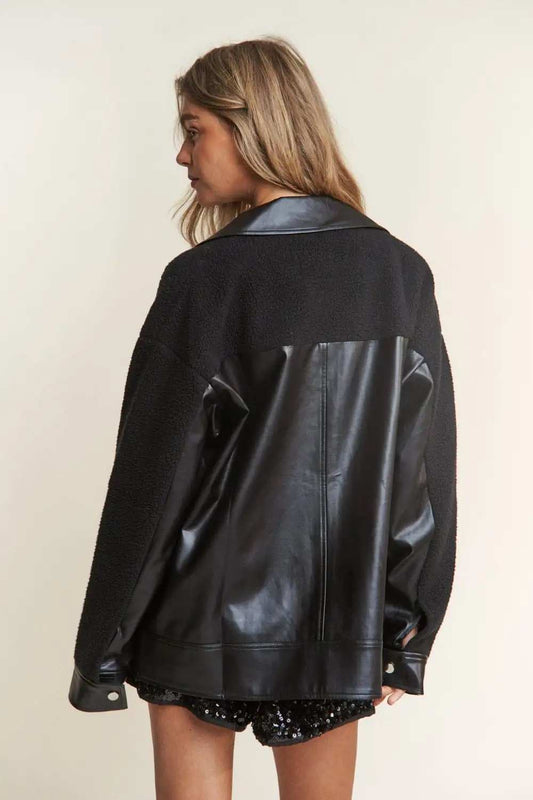 J.NNA Faux Leather Sherpa Contrast Snap Down Jacket - Trendsi - Flyclothing LLC
