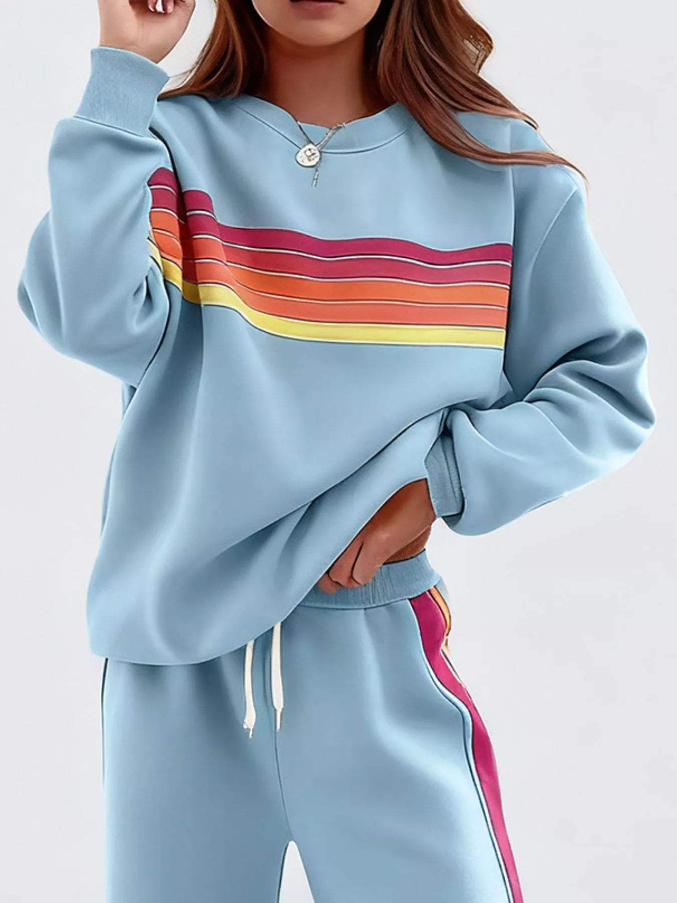Striped Round Neck Sweatshirt and Pants Set - Trendsi - Flyclothing LLC