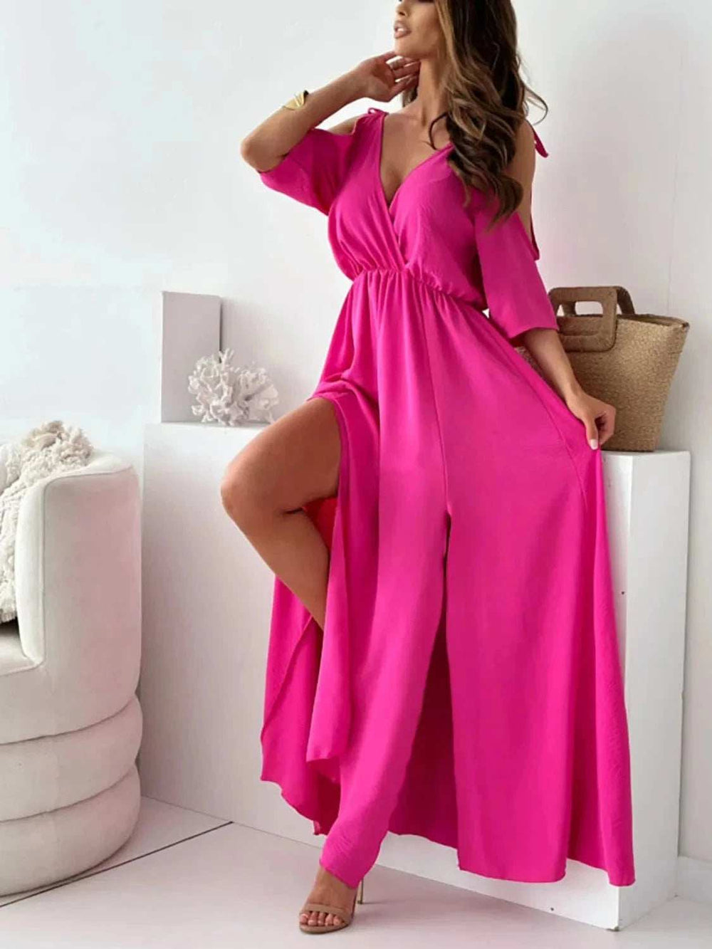 Tied Shoulder Slit Maxi Dress - Trendsi - Flyclothing LLC