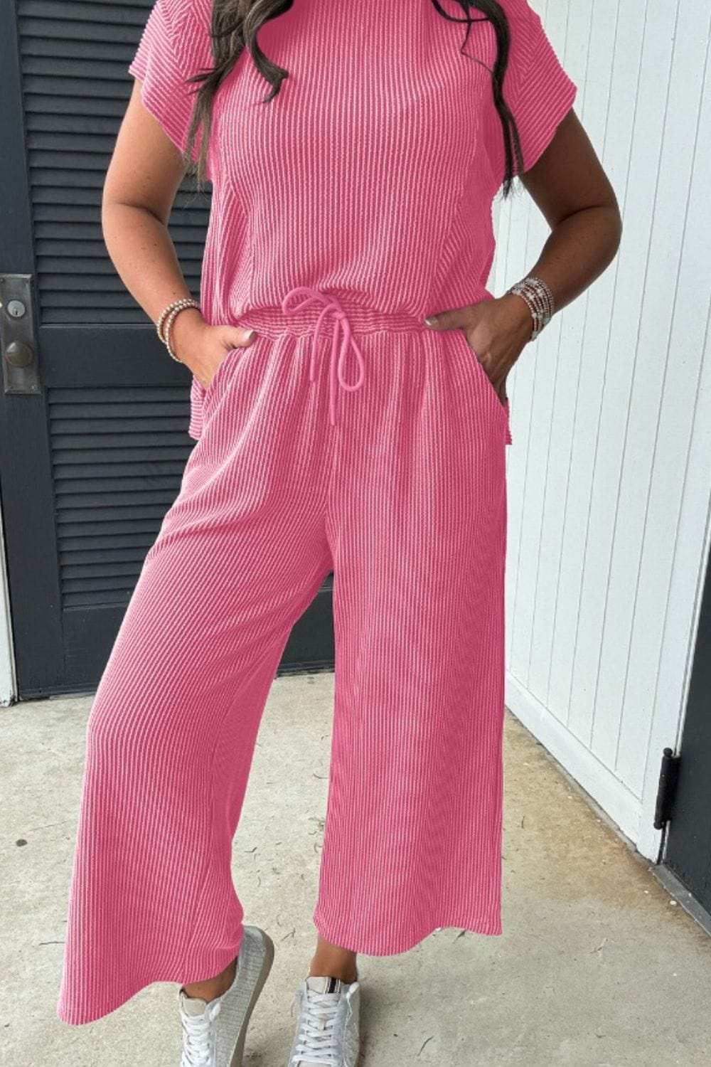 Corded Knit Short Sleeve T-Shirt and Wide Leg Pants Set - Trendsi - Flyclothing LLC