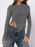 Tied Slit Round Neck Long Sleeve T-Shirt - Trendsi - Flyclothing LLC