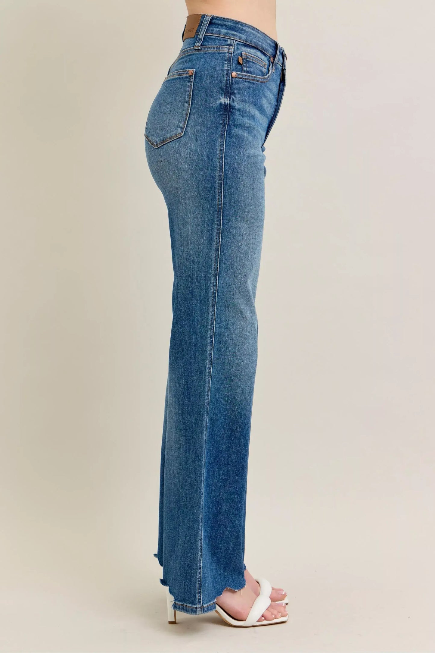 Judy Blue Full Size High Waist Tummy Control Chew Hem Destroy Wide Jeans Plus Size - Trendsi - Flyclothing LLC