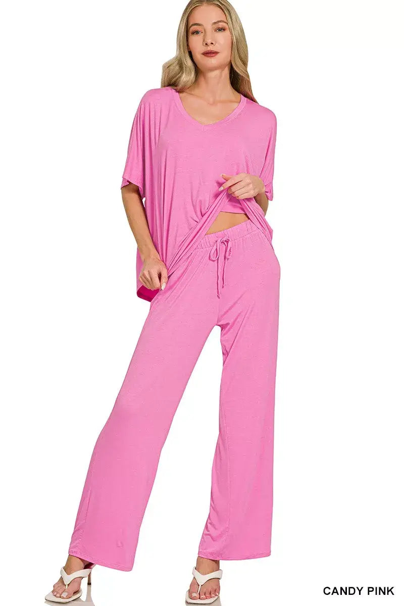 Zenana V-neck Oversized Top & Pants Set - Trendsi - Flyclothing LLC