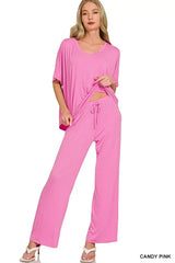 Zenana V-neck Oversized Top & Pants Set - Trendsi - Flyclothing LLC