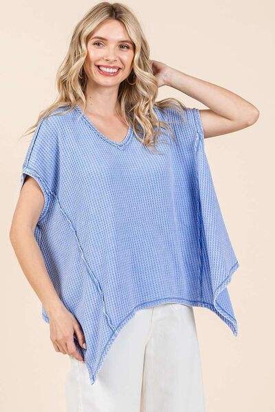 Mittoshop Mineral Wash Waffle Knit Pointed Hem Oversized Top - Trendsi - Flyclothing LLC