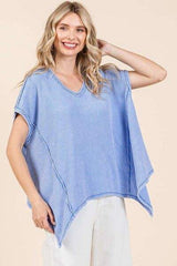 Mittoshop Mineral Wash Waffle Knit Pointed Hem Oversized Top - Trendsi - Flyclothing LLC