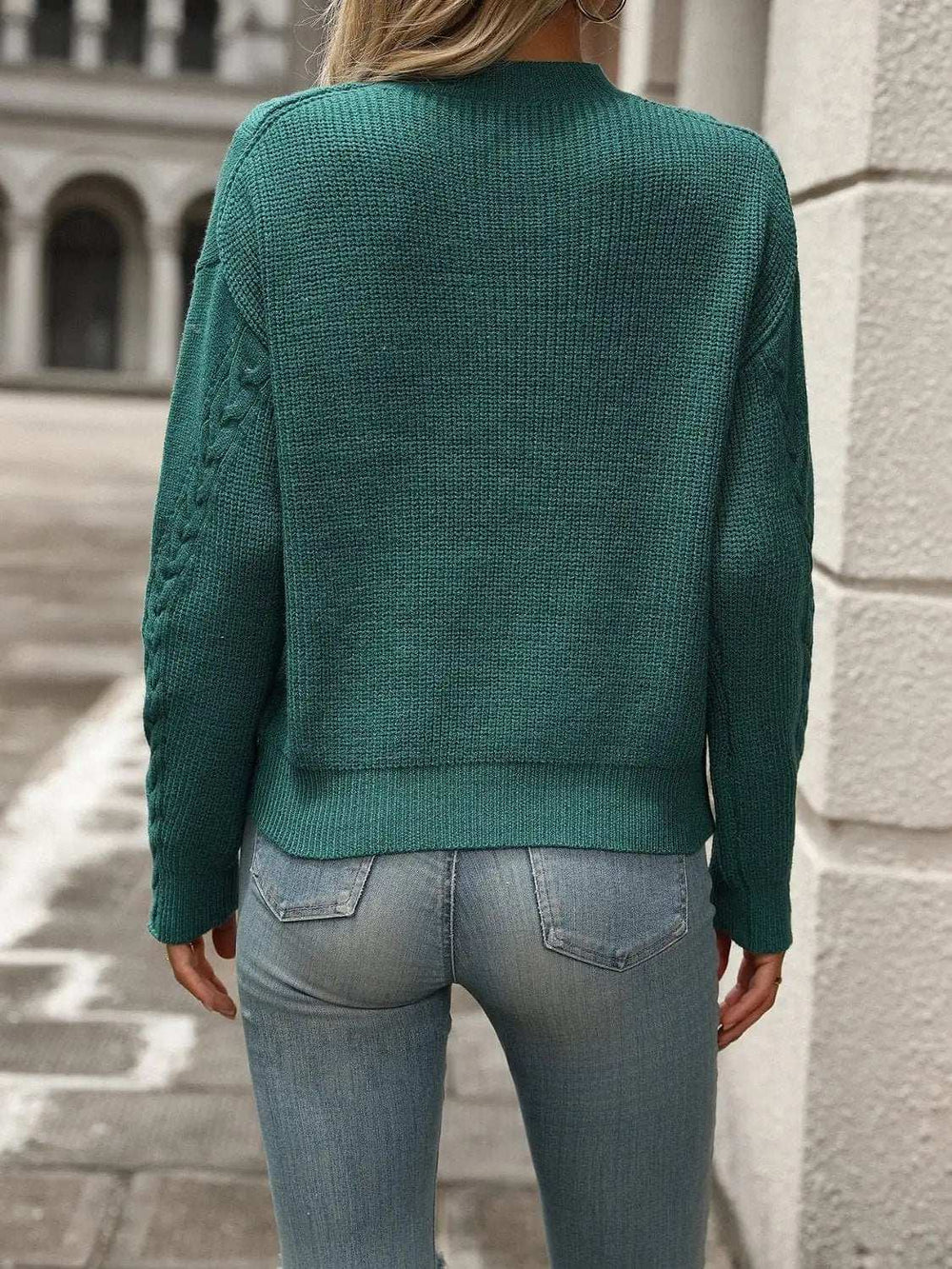 Cable-Knit Round Neck Long Sleeve Sweater - Trendsi - Flyclothing LLC