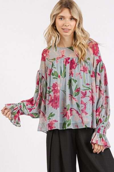 Mittoshop Floral Round Neck Flounce Sleeve Blouse - Trendsi - Flyclothing LLC