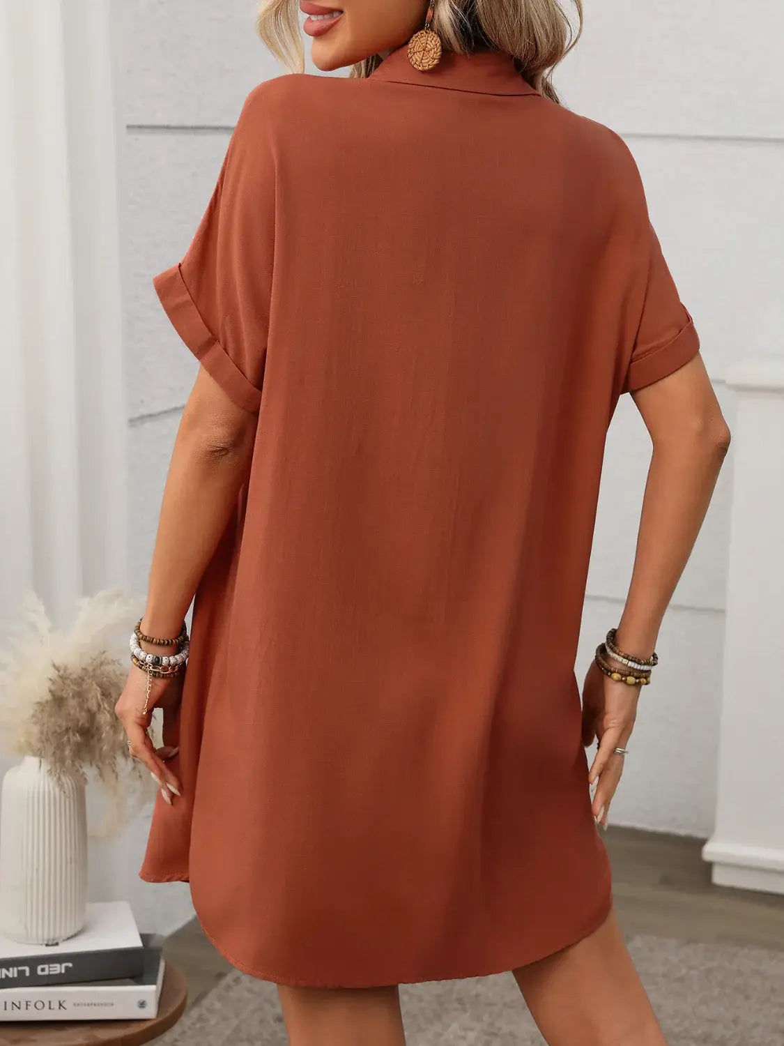 Button Down Short Sleeve Mini Dress - Trendsi - Flyclothing LLC