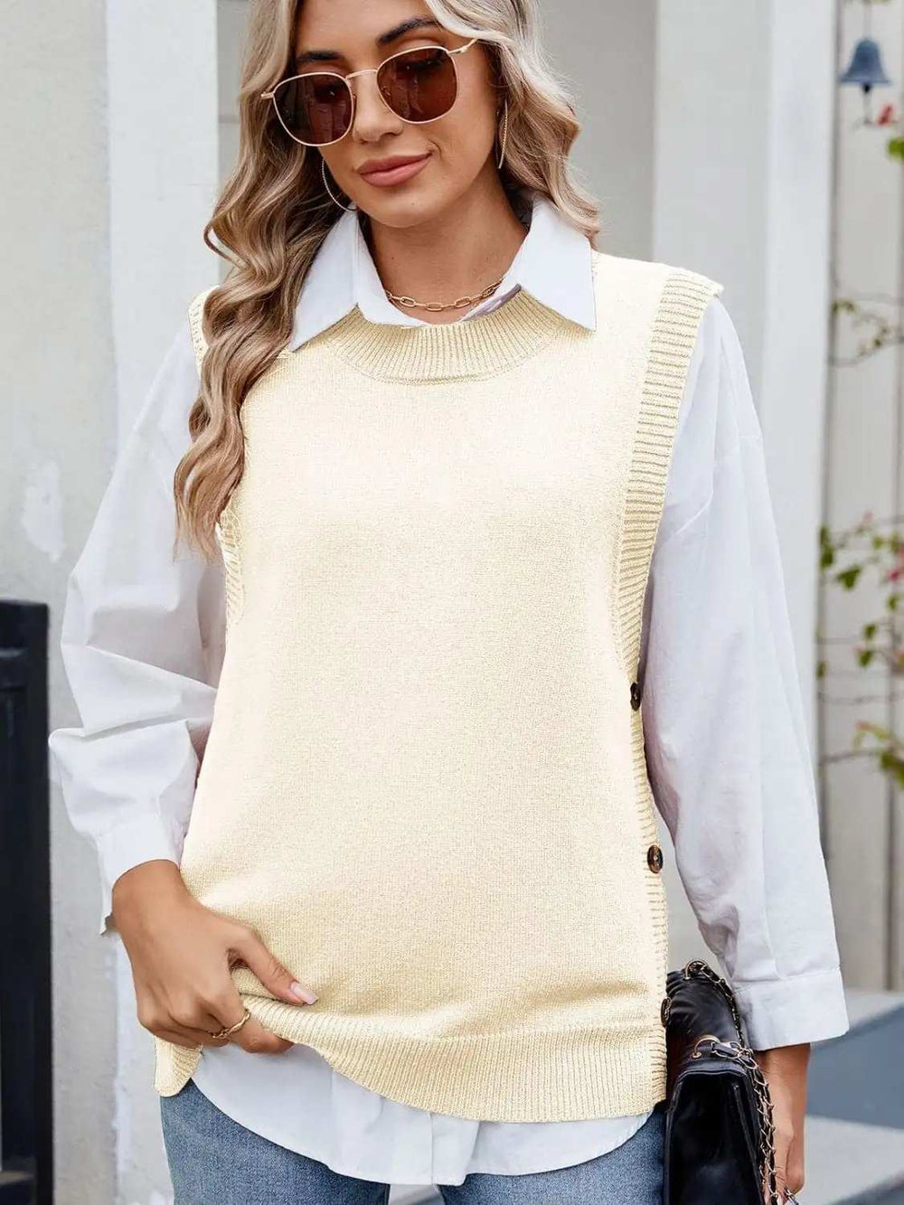 Buttoned Round Neck Sweater Vest - Trendsi - Flyclothing LLC