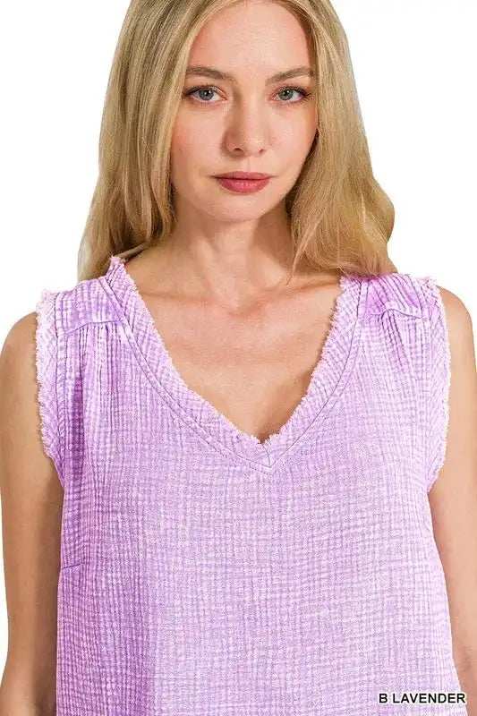 Zenana Double Gauze Raw Edge Acid Washed Tank - Trendsi - Flyclothing LLC