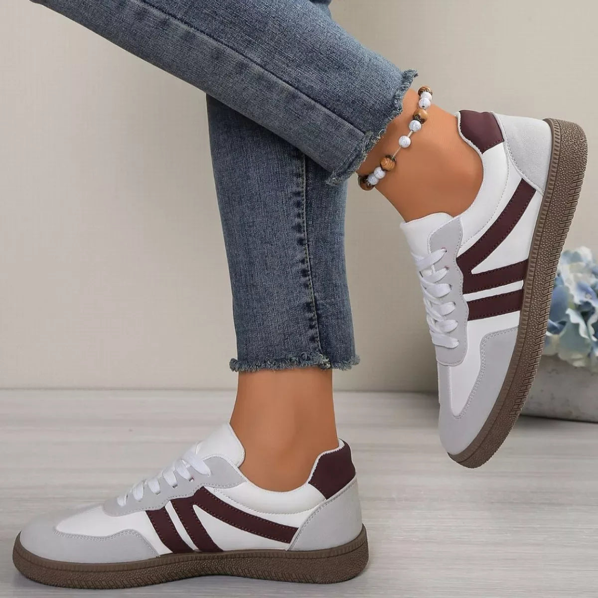 Striped Lace-Up Casual Sneakers - Trendsi - Flyclothing LLC