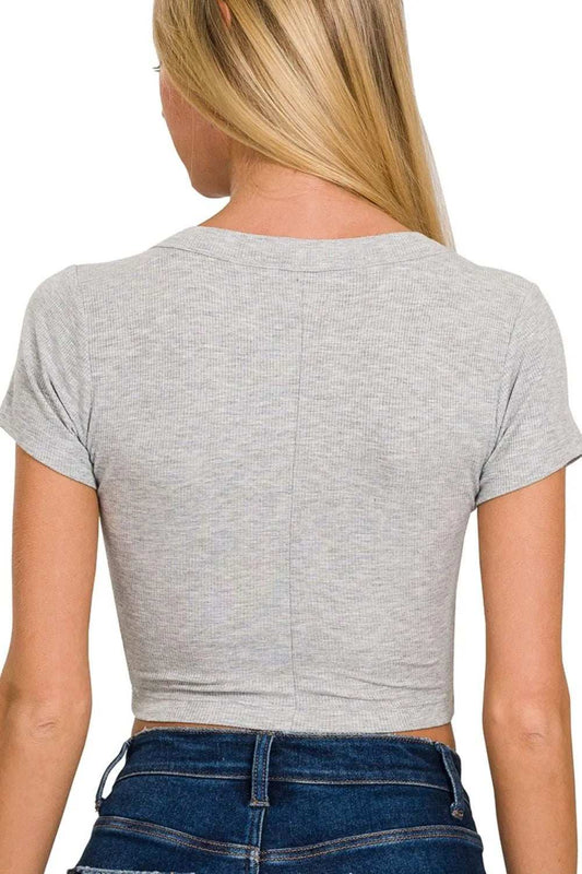 Zenana Ribbed Scoop Neck Crop Short Sleeve Top - Trendsi - Flyclothing LLC