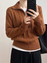 Cable-Knit Half Zip Long Sleeve Sweater - Trendsi - Flyclothing LLC