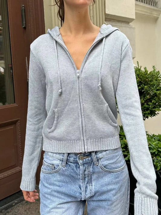 Drawstring Zip Up Long Sleeve Cardigan - Trendsi - Flyclothing LLC