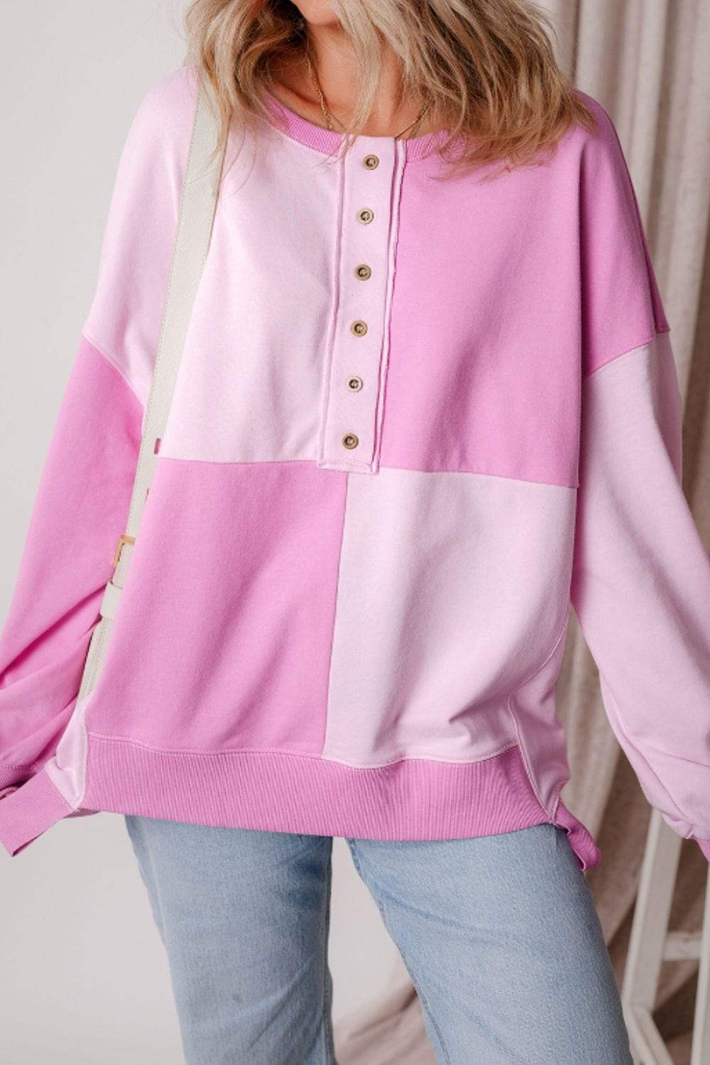 Color Block Half Button Long Sleeve Sweatshirt - Trendsi - Flyclothing LLC