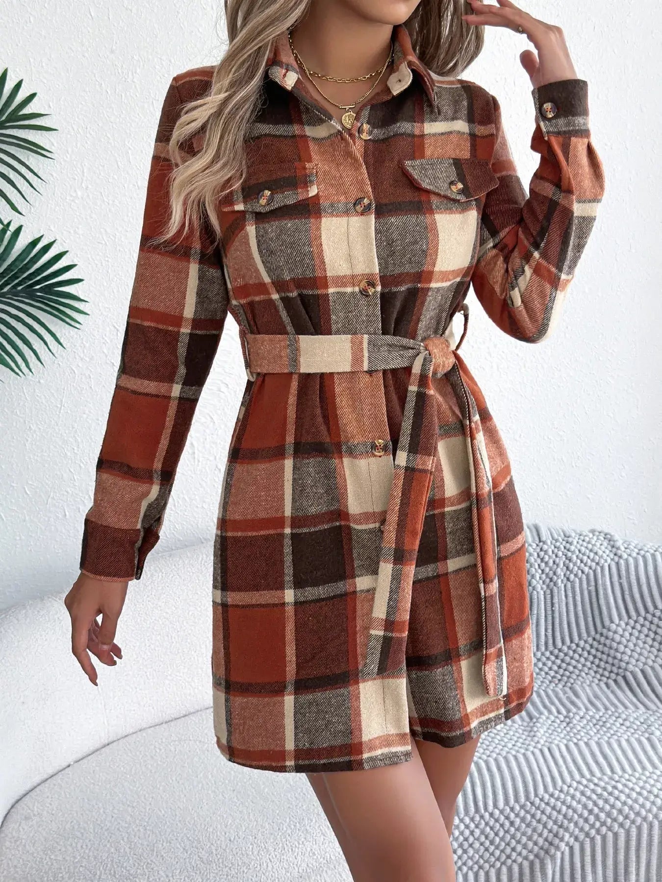 Plaid Button Front Tie Waist Shirt Dress - Trendsi - Flyclothing LLC