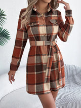 Plaid Button Front Tie Waist Shirt Dress - Trendsi - Flyclothing LLC