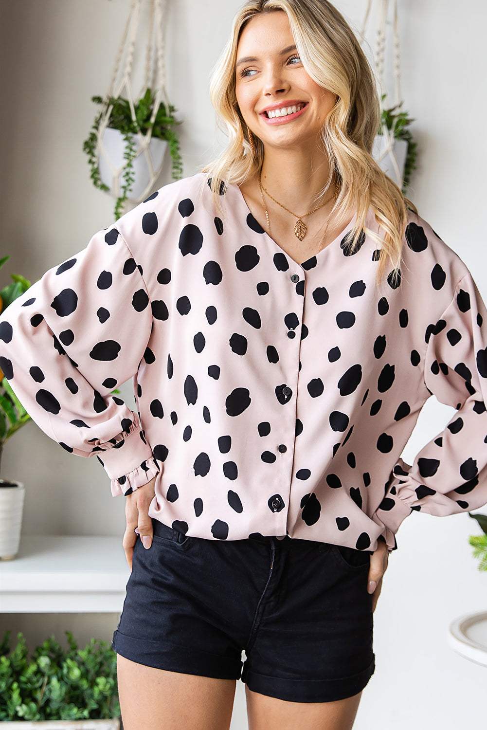 Printed Button Up Flounce Sleeve Shirt - Trendsi - Flyclothing LLC