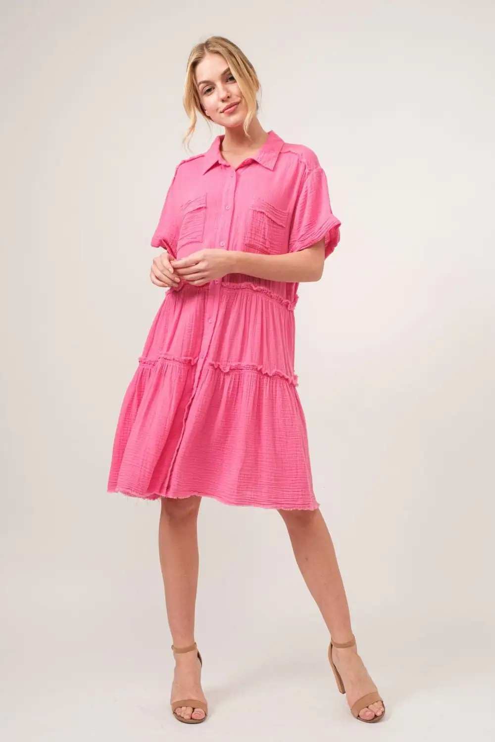 And The Why Full Size Raw Edge Washed Tiered Shirt Dress - Trendsi - Flyclothing LLC