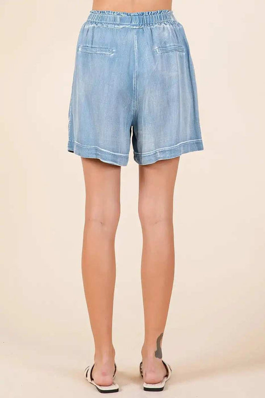 Mittoshop Washed Chambray Elastic Waist Easy Fit Shorts - Trendsi - Flyclothing LLC
