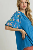 Umgee Full Size Half Button Top with Embroidery Sleeves Plus Size - Trendsi