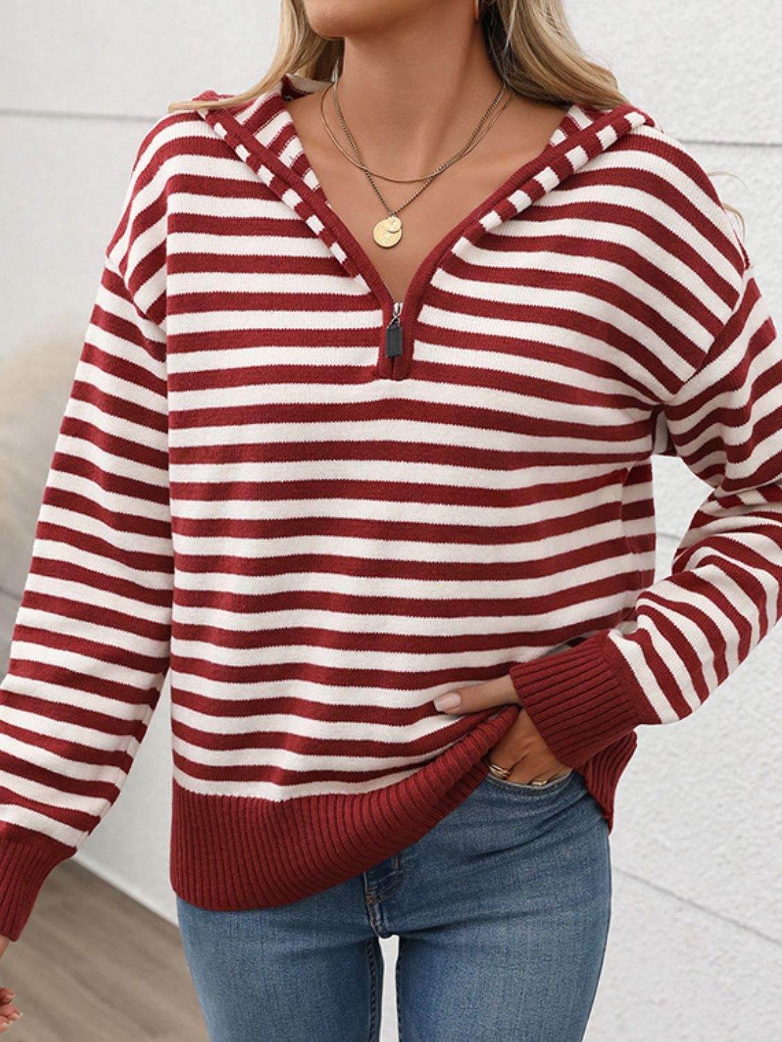 Perfee Striped Long Sleeve Hooded Sweater - Trendsi - Flyclothing LLC