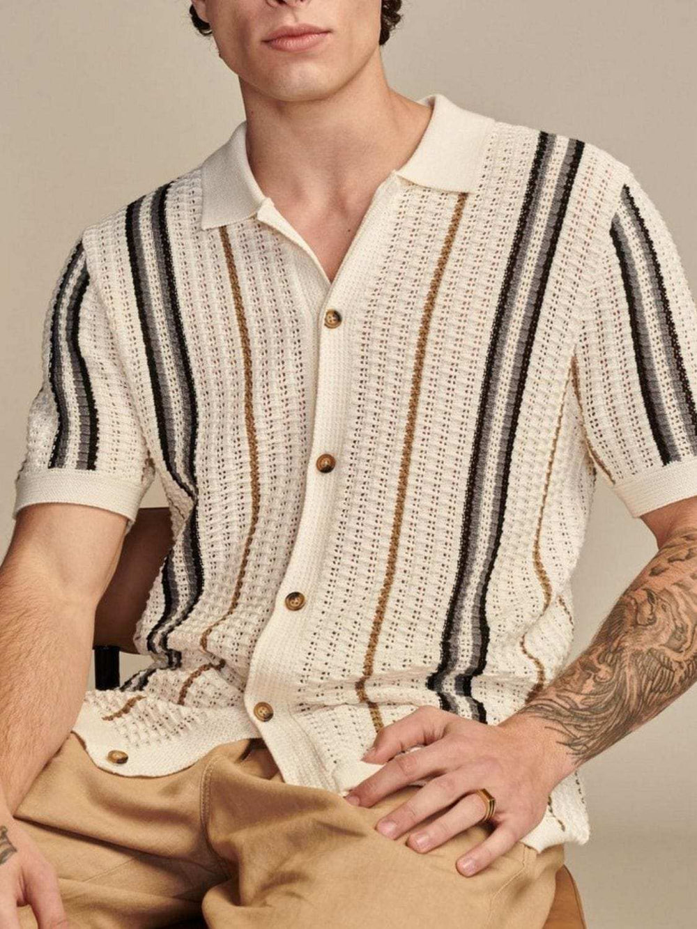 Men's Plus Size Striped Collared Neck Short Sleeve Shirt - Trendsi - Flyclothing LLC