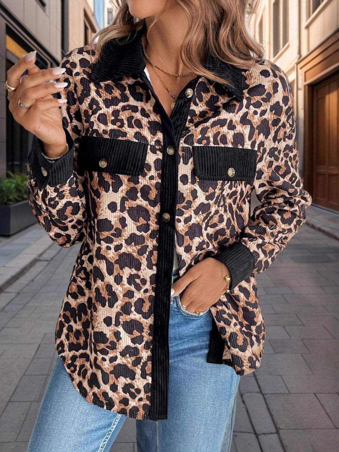 Leopard Collared Neck Button Up Shacket - Trendsi - Flyclothing LLC