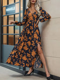 Split Printed Surplice Long Sleeve Midi Dress - Trendsi