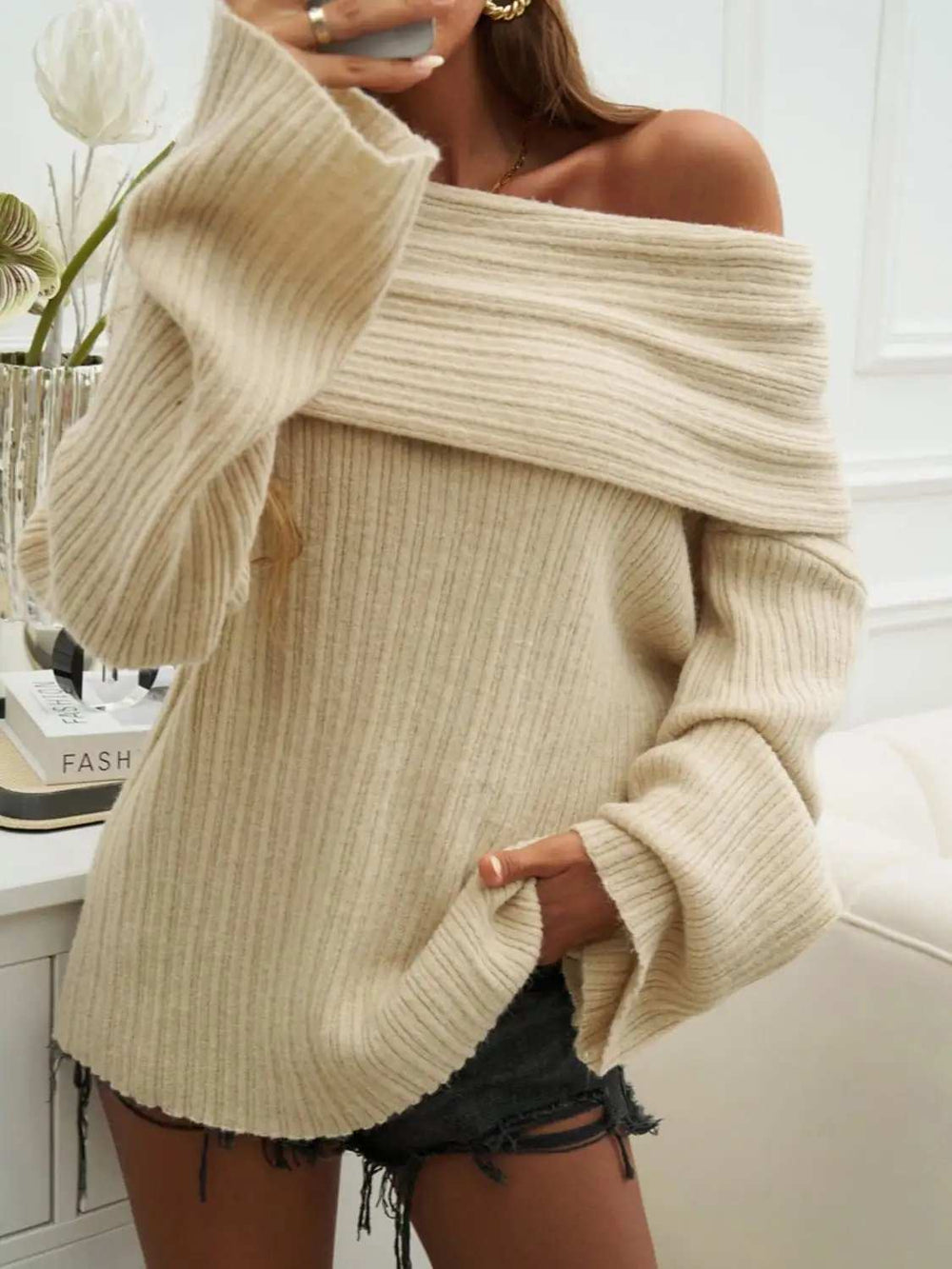 Off-Shoulder Extra-Long Sleeve Sweater - Trendsi - Flyclothing LLC