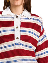 Striped Button Detail Polo Collar Sweater - Trendsi - Flyclothing LLC