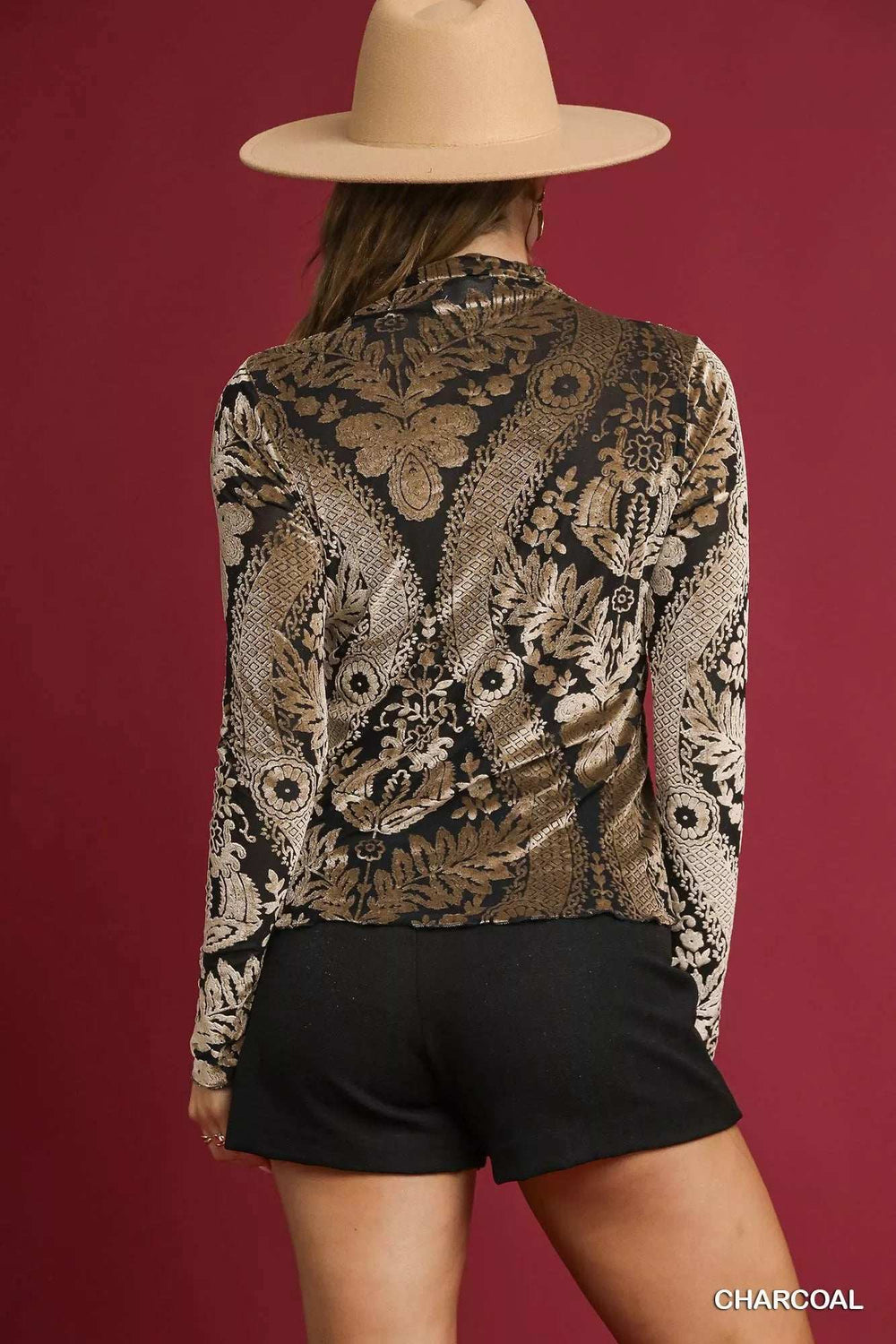 Umgee Damask Print Velvet Burnout Top - Trendsi - Flyclothing LLC