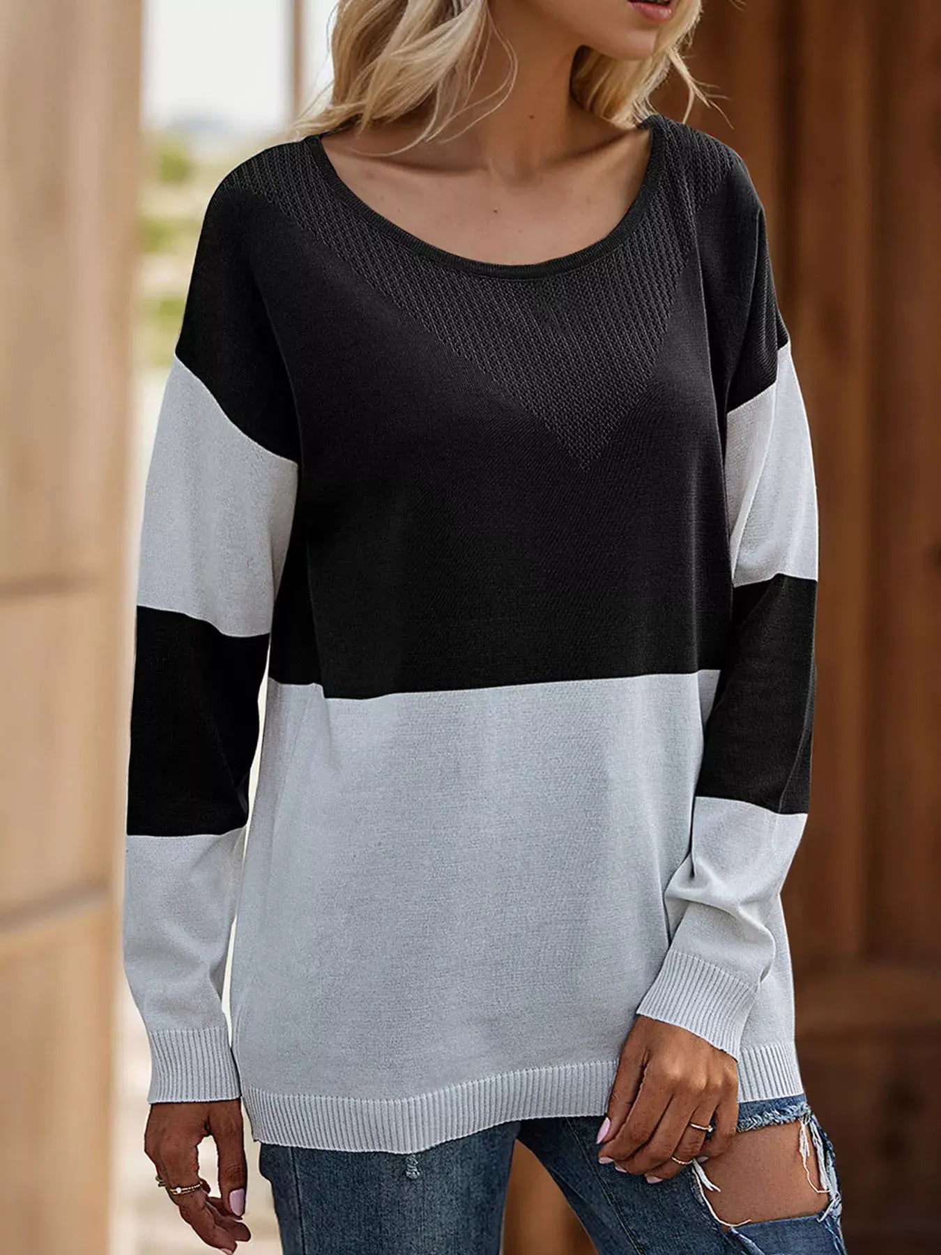 Color Block V-Neck Knit Top - Trendsi - Flyclothing LLC