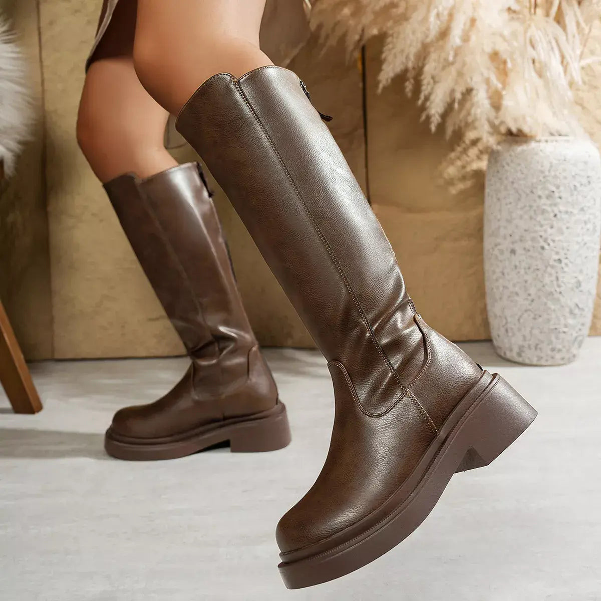 Round Toe Block Heels Boots - Trendsi - Flyclothing LLC