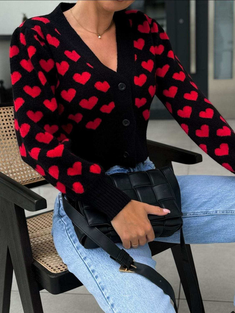 Valentine’s Day Heart V-Neck Cropped Cardigan - Trendsi - Flyclothing LLC