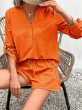 Notched Long Sleeve Top and Shorts Set - Trendsi - Flyclothing LLC