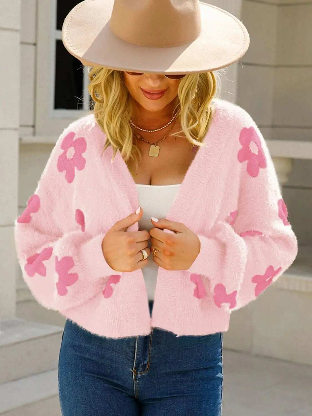 Angel Wings Flower Open Front Long Sleeve Cardigan - Trendsi - Flyclothing LLC