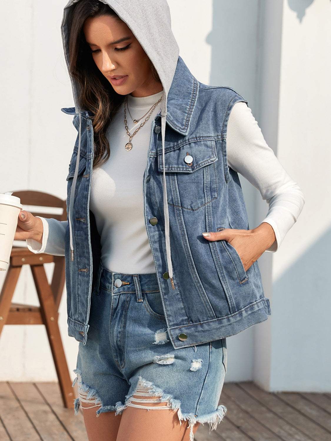 Pocketed Button Up Hooded Denim Jacket - Trendsi - Flyclothing LLC