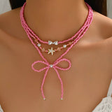 Beaded Three-Layered Necklace with Bow and Starfish Charms - Trendsi - Flyclothing LLC