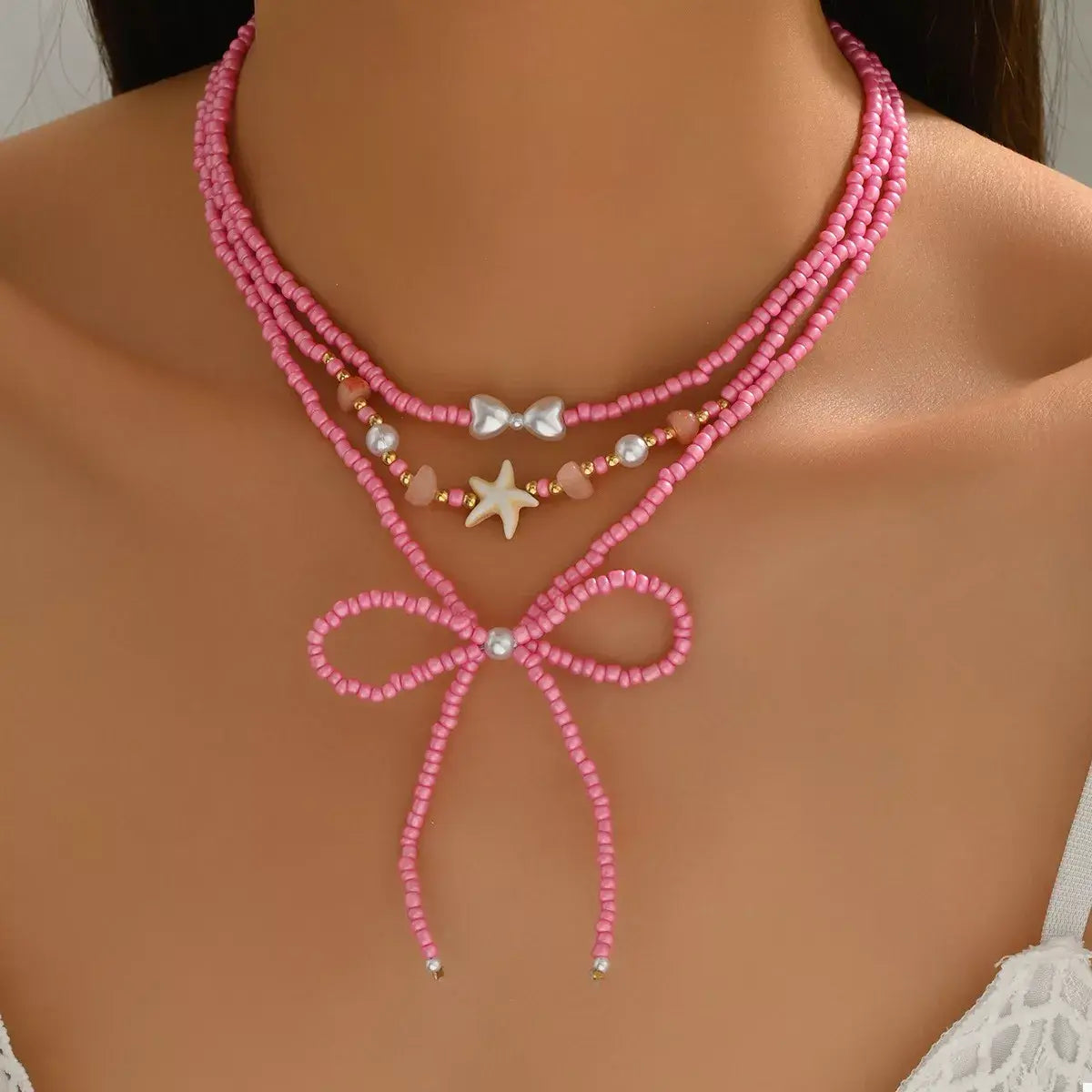 Beaded Three-Layered Necklace with Bow and Starfish Charms - Trendsi - Flyclothing LLC