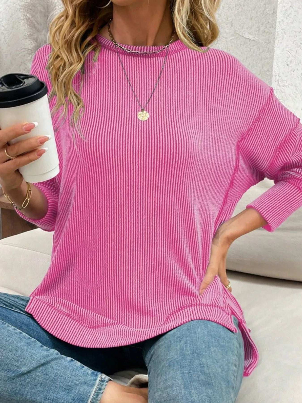Side Slit Round Neck Dropped Shoulder Sweatshirt - Trendsi - Flyclothing LLC