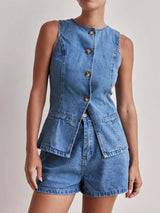 Button Down Vest and Shorts Denim Set - Trendsi - Flyclothing LLC